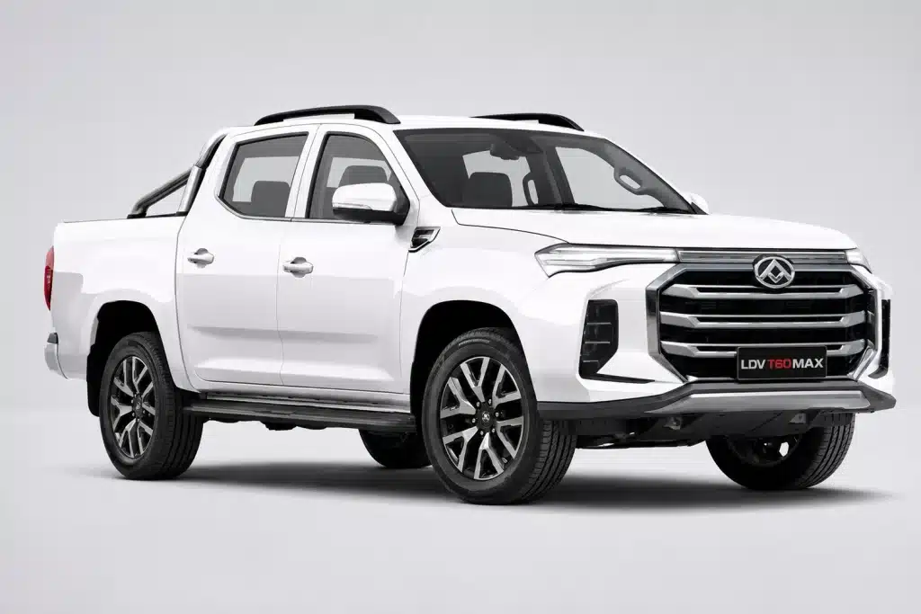 White LDV T60 Max dual cab ute shown from a front three-quarter angle in studio lighting.